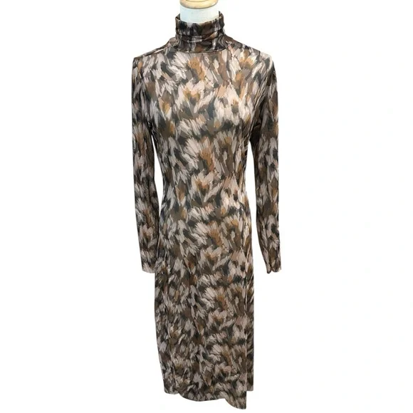 Steve Madden Vivienne Oak Buff Print Mesh Midi Dress L Turtleneck Fairygrunge - Picture 2 of 9